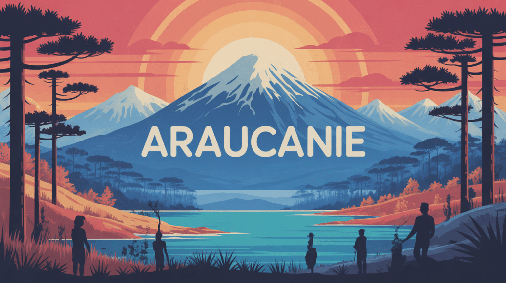 Vue stylisée Araucanie volcans lacs culture mapuche