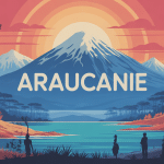 Vue stylisée Araucanie volcans lacs culture mapuche
