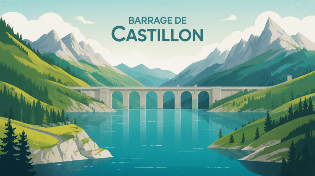 illustration du barrage de castillon lac turquoise et montagnes