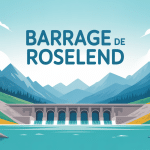 Vue stylisée du barrage de Roseland, lac turquoise et montagnes