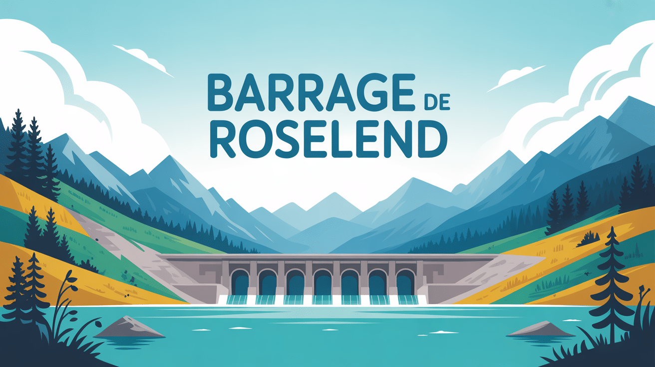 Vue stylisée du barrage de Roseland, lac turquoise et montagnes