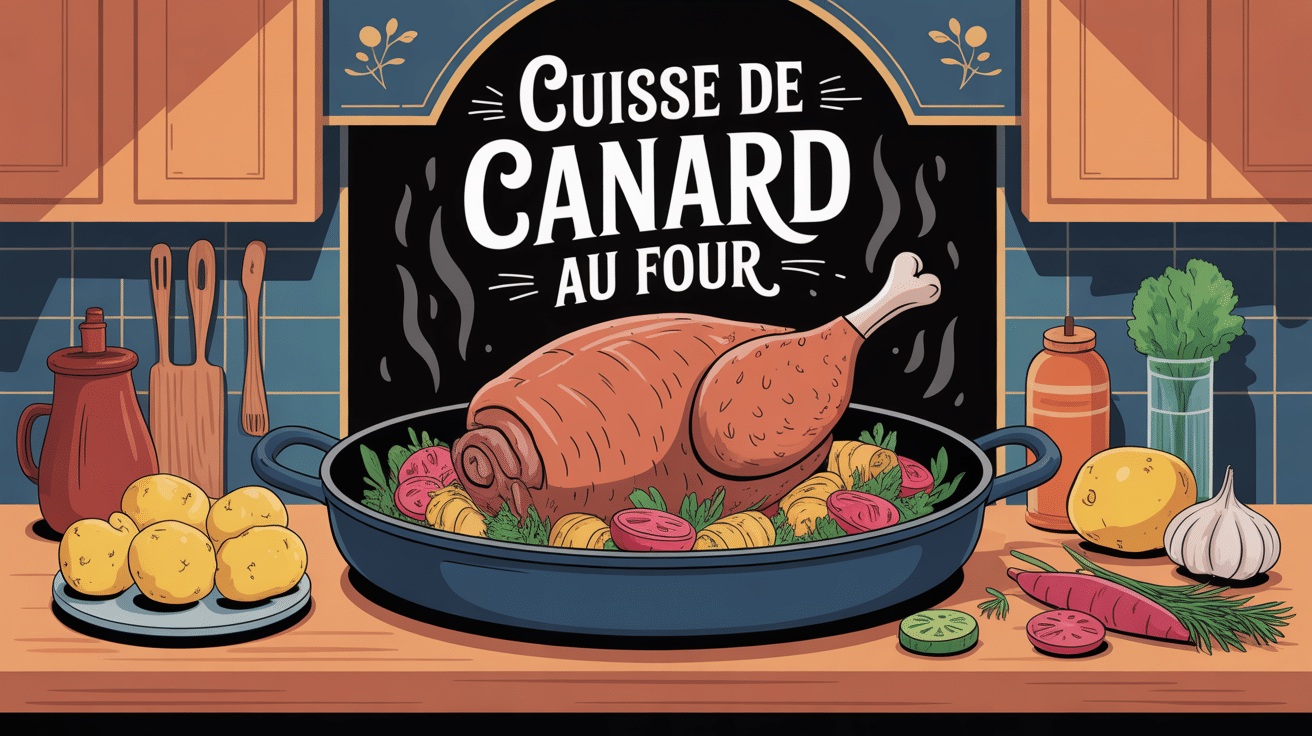 Illustration cuisse de canard au four avec pommes de terre et légumes