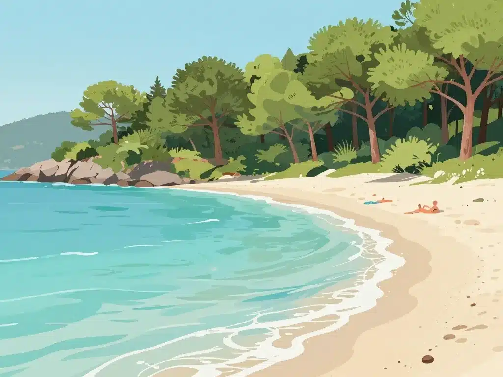 Paysage naturel plage d argent Porquerolles, pinède, sable clair