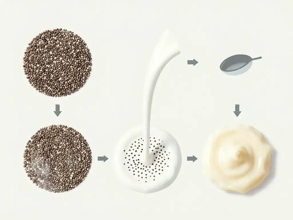 Schéma transformation graines de chia en pudding chia crémeux