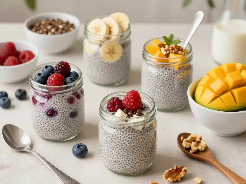 Pudding chia avec toppings fruits rouges, banane, mangue, noix