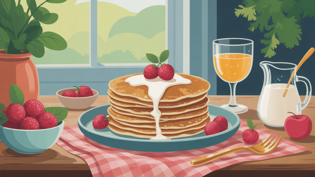 recette pancake flocon d'avoine peu calorique présentée avec fruits rouges, yaourt, ambiance matin