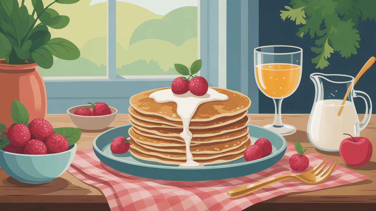 recette pancake flocon d'avoine peu calorique présentée avec fruits rouges, yaourt, ambiance matin