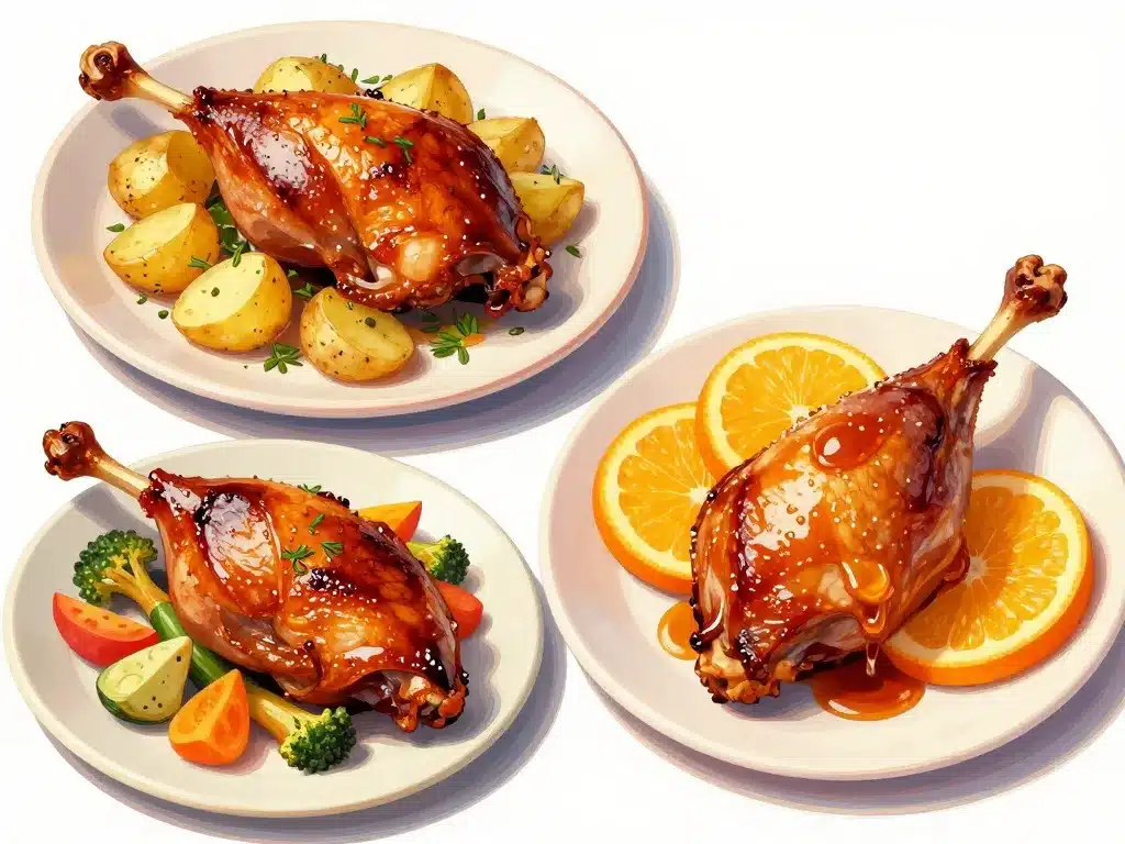 Différentes recettes cuisse de canard au four sur assiettes
