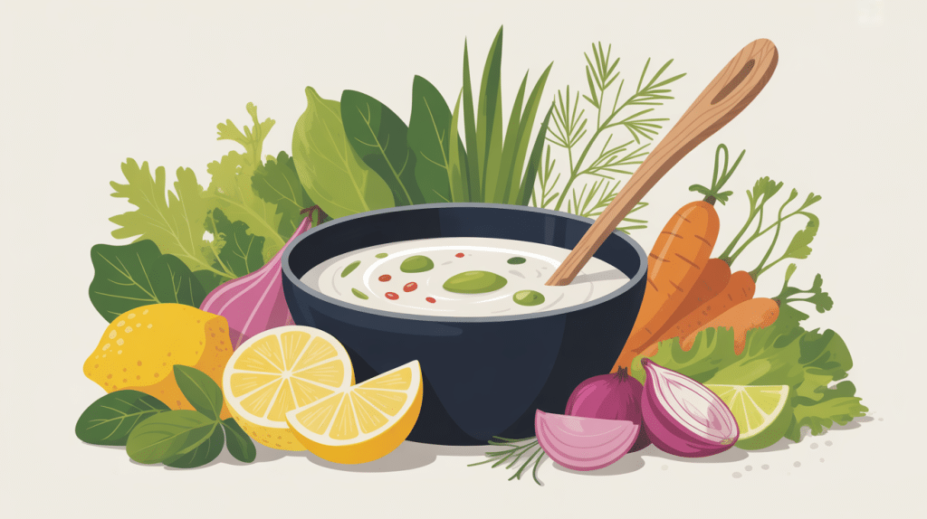 Illustration sauce au yaourt bol citron herbes crudités