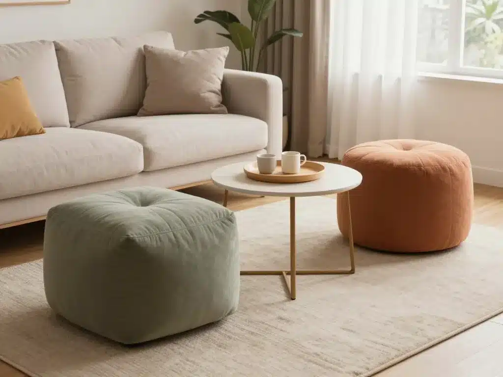 Un pouffe utilisé comme assise, table basse et repose-pied