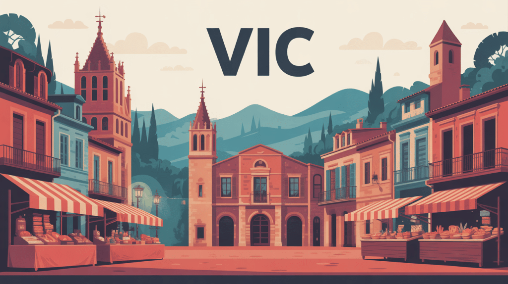 Vue illustrée Vic Espagne ville médiévale place marché arcades