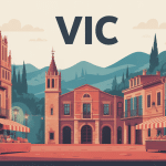 Vue illustrée Vic Espagne ville médiévale place marché arcades