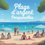 Vue plage d argent Porquerolles en été, mer turquoise