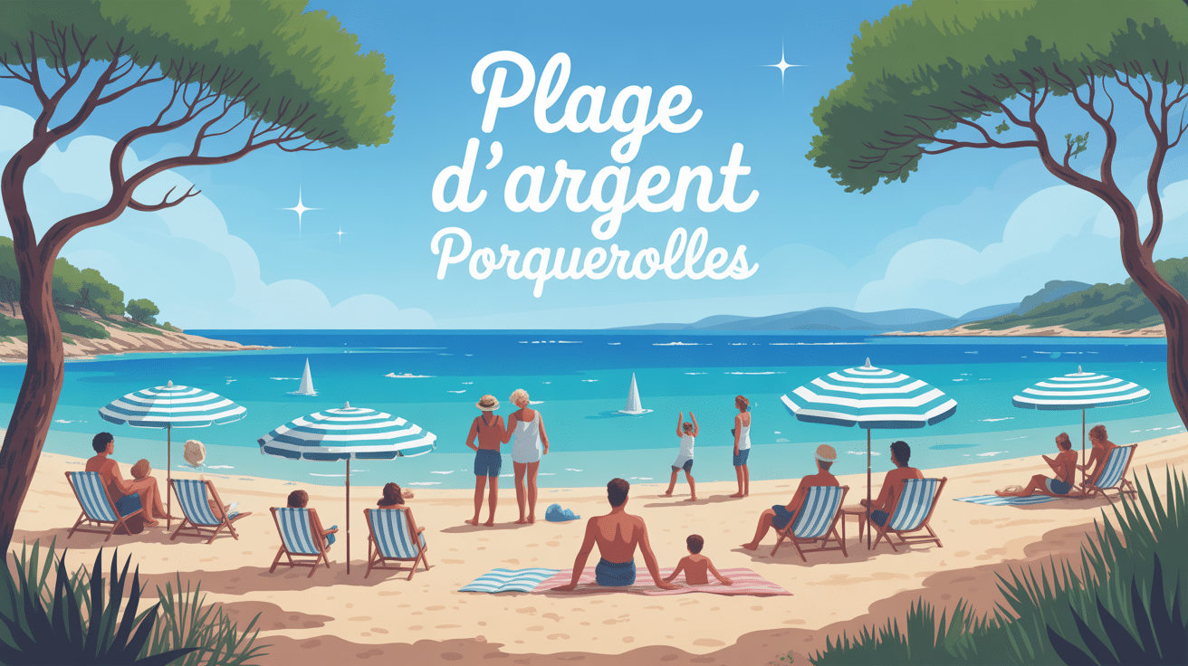 Vue plage d argent Porquerolles en été, mer turquoise