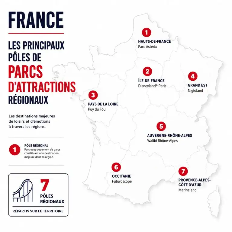 Carte des principaux parcs d'attractions en France par région pour planifier vos sorties