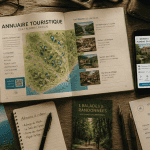 annuaire tourisme flat lay avec cartes et smartphone
