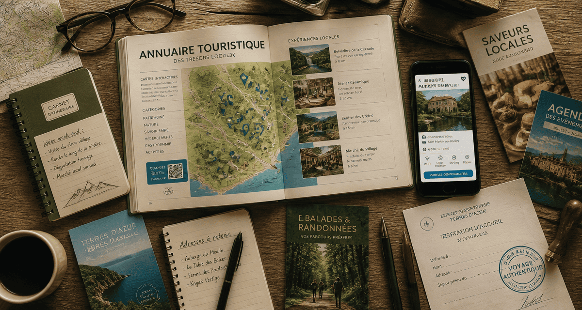 annuaire tourisme flat lay avec cartes et smartphone