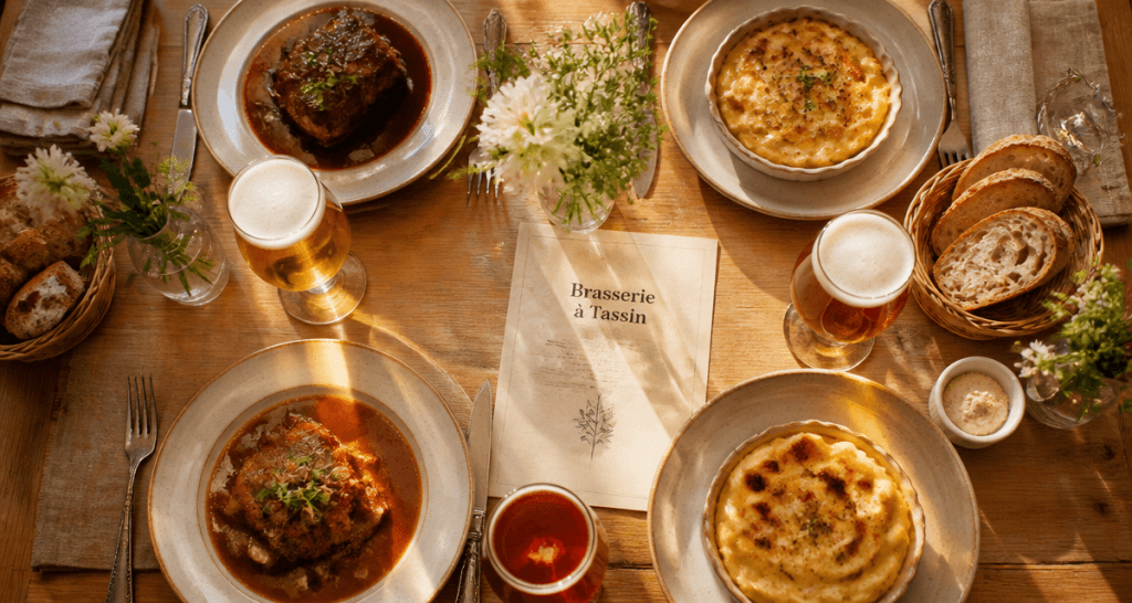 Table brasserie Tassin avec spécialités lyonnaises et bières artisanales