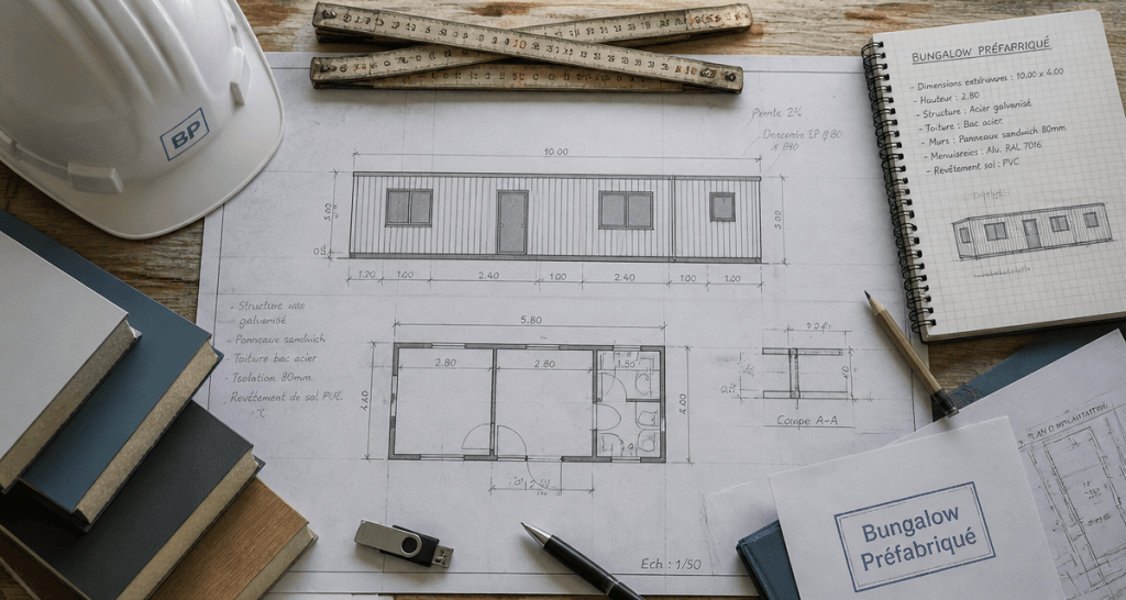 Plan de bungalow préfabriqué avec accessoires de bureau