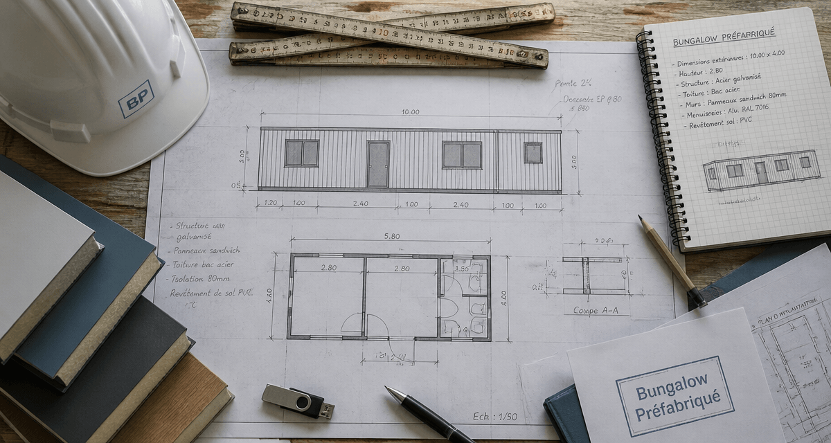 Plan de bungalow préfabriqué avec accessoires de bureau