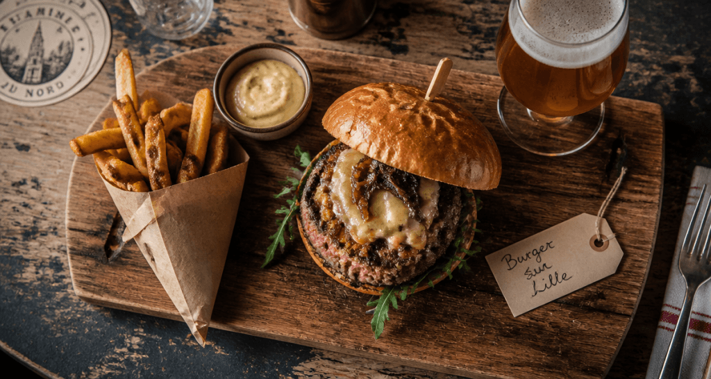 Burger sur Lille gourmet avec frites sur planche