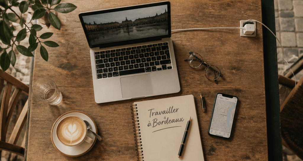 Café pour travailler Bordeaux, table avec ordinateur et café