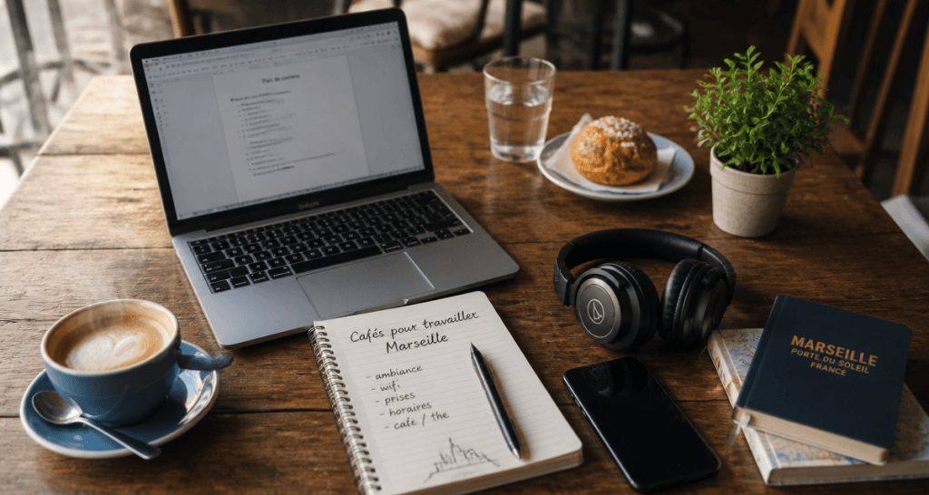 Café pour travailler Marseille avec ordinateur et café