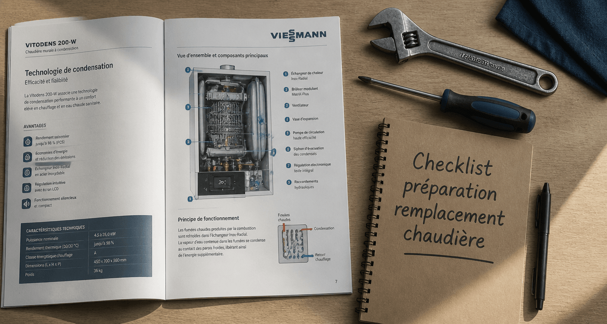 chaudiere fioul prix viessmann sur bureau avec outils et checklist