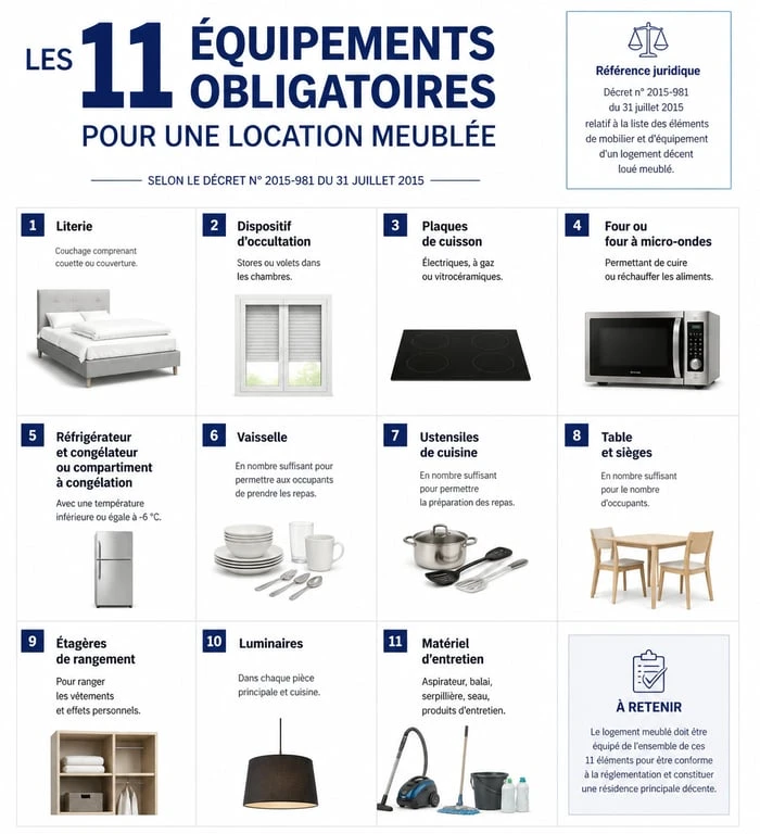 Liste des 11 équipements obligatoires pour la liste mobilier location meublée