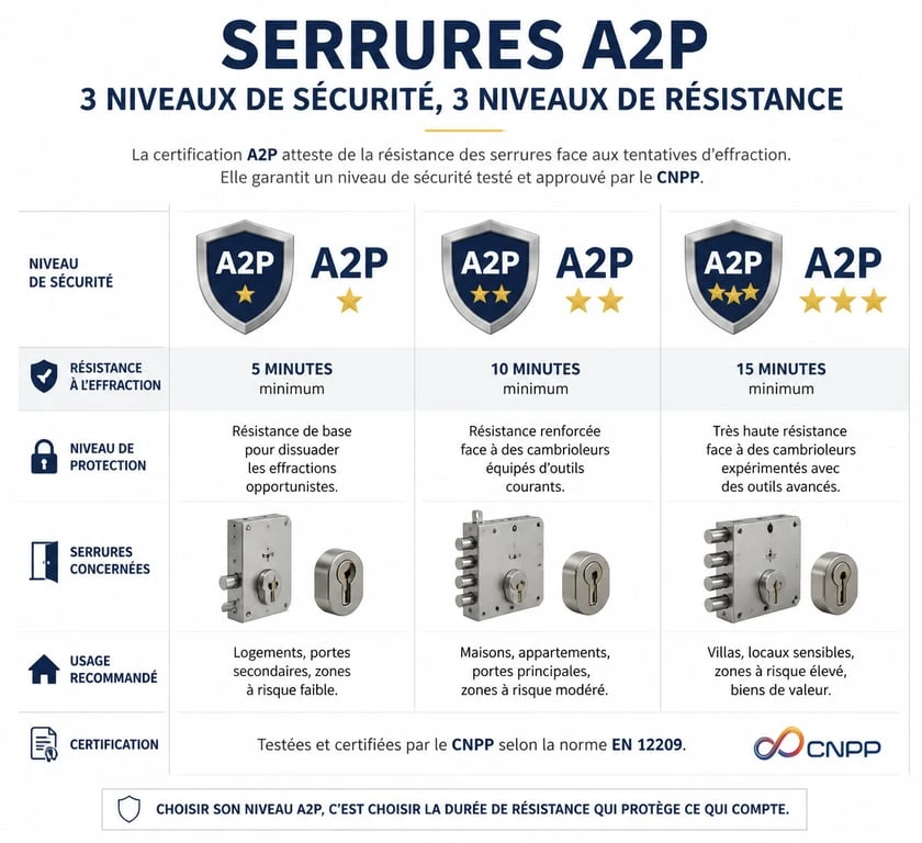 Infographie comparative des niveaux de sécurité A2P pour le changement de serrure à Paris 15
