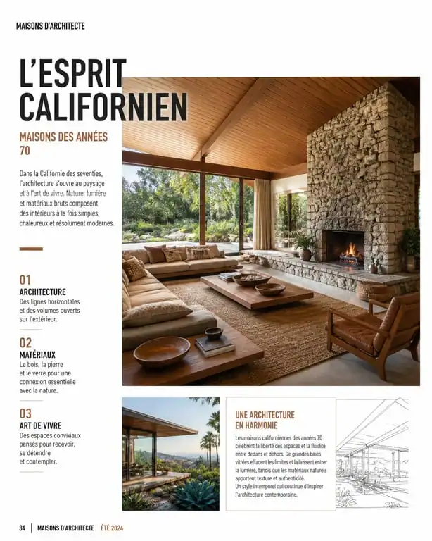 Salon de maison californienne années 70 avec baies vitrées et cheminée en pierre