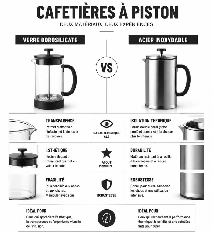Comparatif des matériaux pour choisir la meilleure cafetière à piston : verre borosilicate contre acier inoxydable