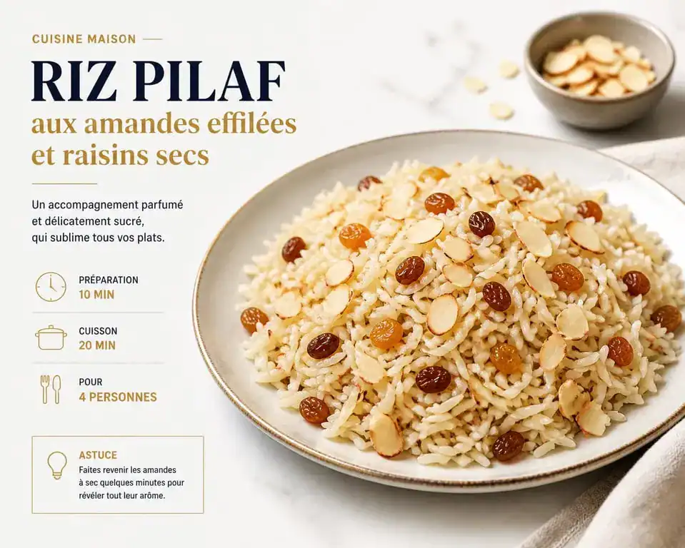 Riz pilaf aux amandes et raisins secs en accompagnement