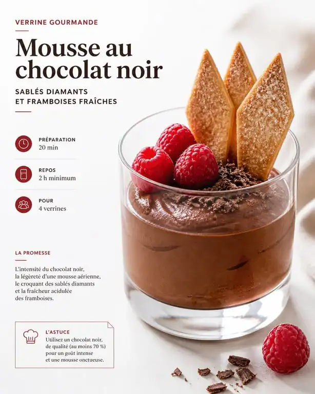 Mousse au chocolat noir accompagnée de sablés diamants et framboises fraîches