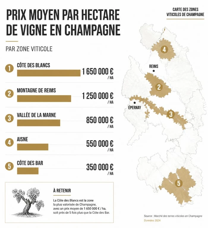 Infographie des prix moyens par hectare de vigne en Champagne par zone géographique
