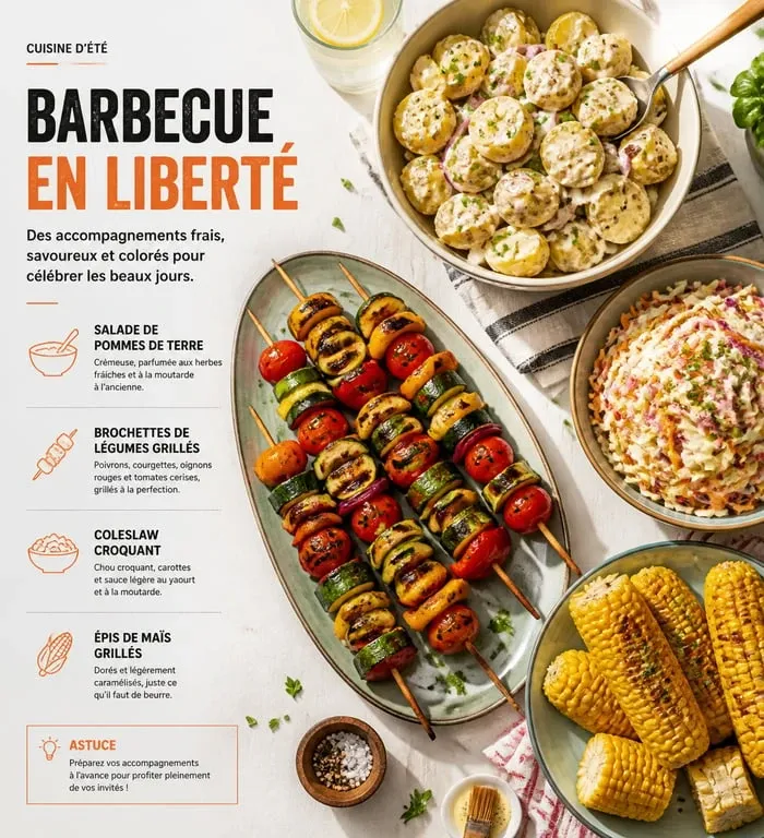 Assortiment d'accompagnements pour un barbecue réussi : salades, légumes grillés et pommes de terre
