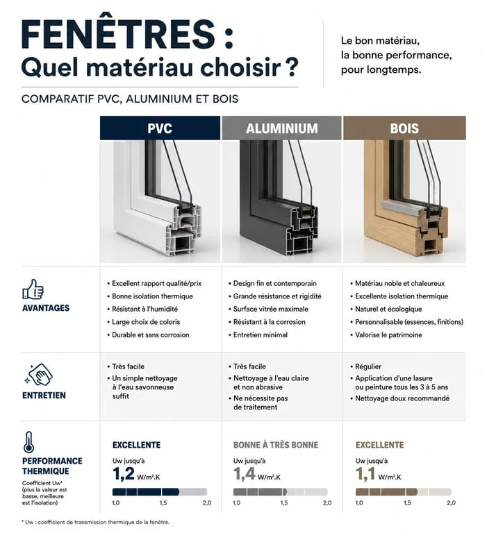 Comparatif des matériaux pour fenêtre double vitrage sur mesure : PVC, Aluminium et Bois