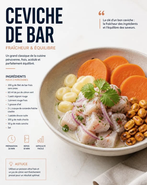 Ceviche de bar traditionnel avec ses accompagnements : patate douce, maïs choclo et cancha