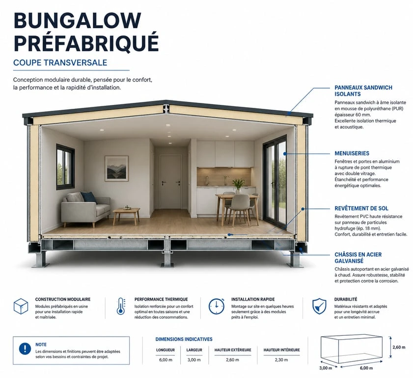 Schéma technique des composants d'un bungalow préfabriqué