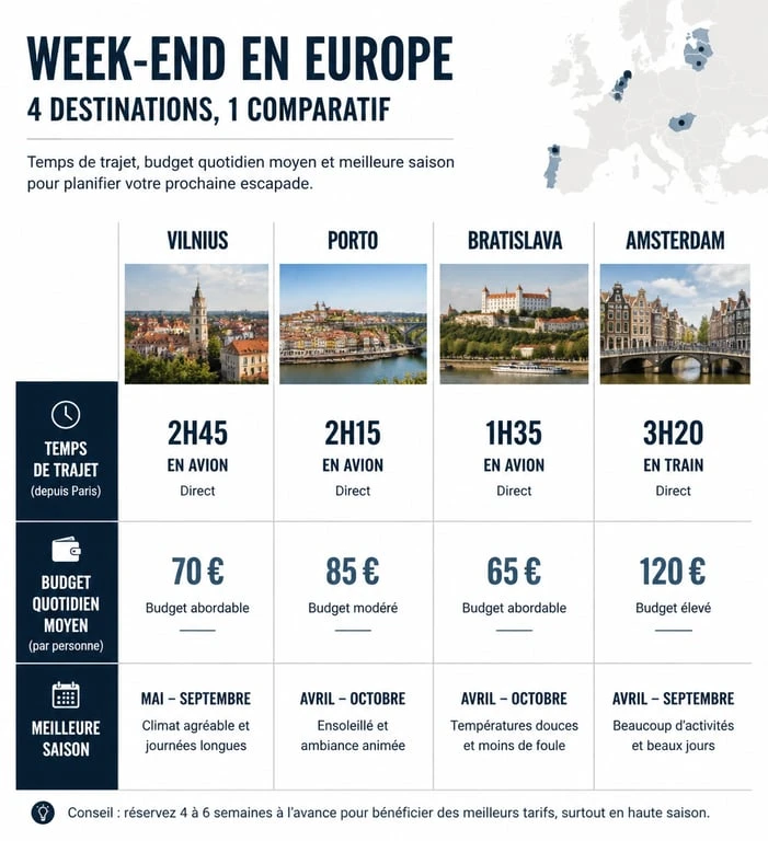 Infographie comparative des meilleures destinations pour un week-end en Europe avec budget et temps de trajet