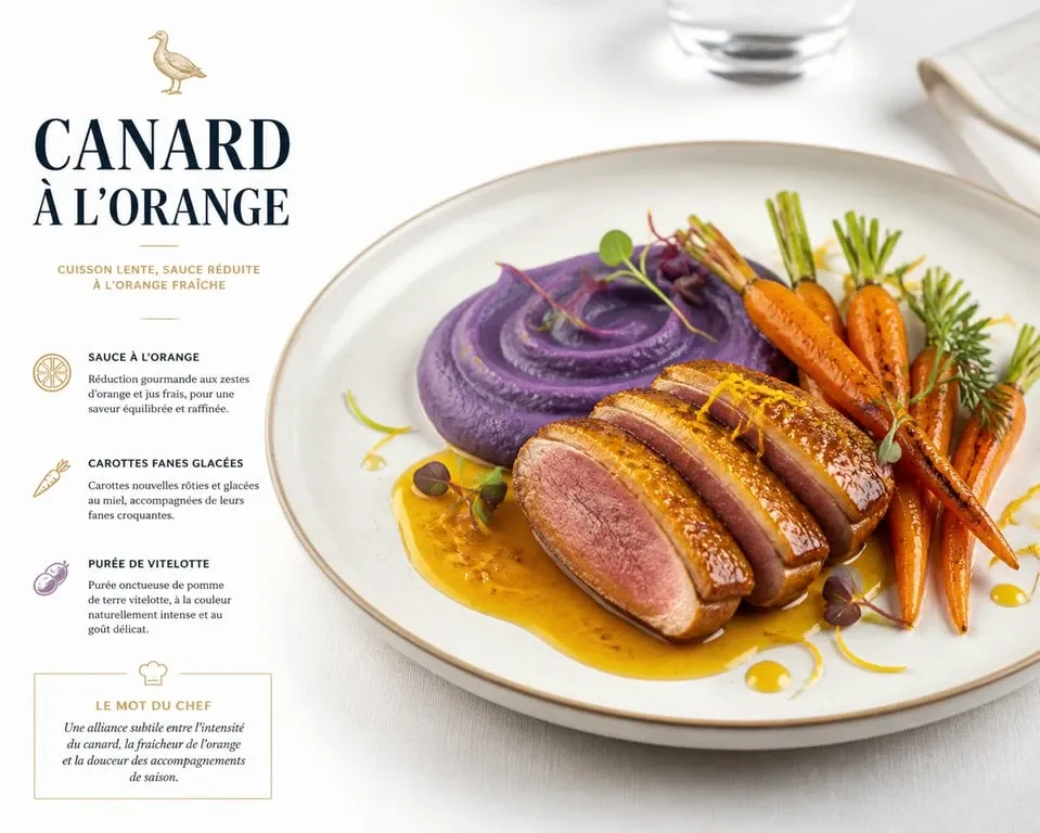 Canard à l'orange accompagné de carottes fanes et purée de vitelotte pour un repas festif