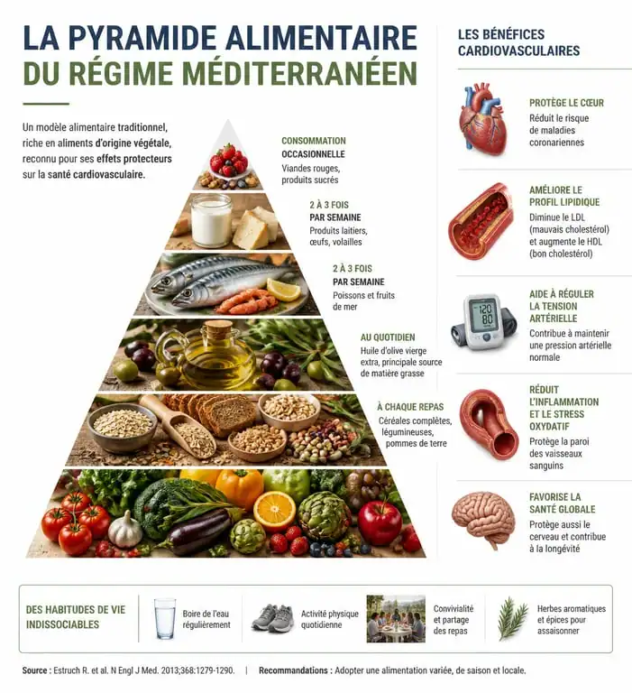 Infographie des principes et bienfaits santé du régime méditerranéen