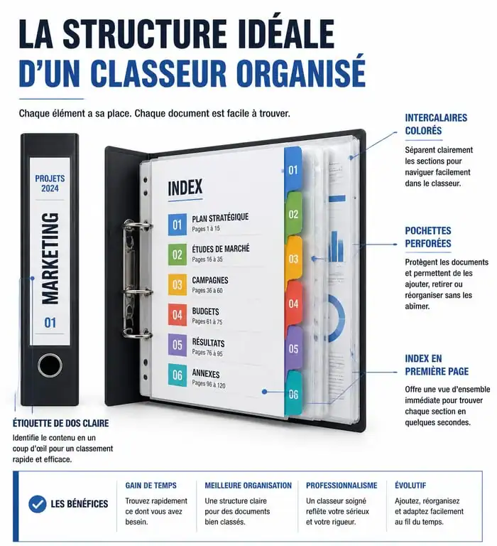 Schéma de l'organisation classeur idéale avec intercalaires et étiquetage