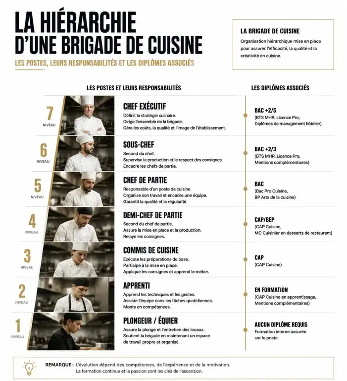 Infographie des étapes de carrière pour devenir chef cuisinier et parcours de formation