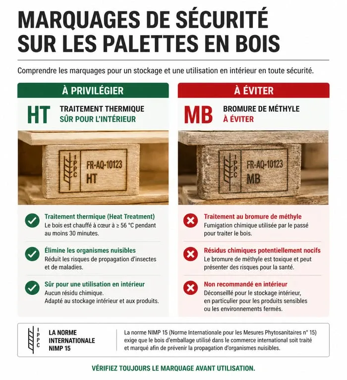Marquages de sécurité sur palettes en bois pour fabriquer meuble palette