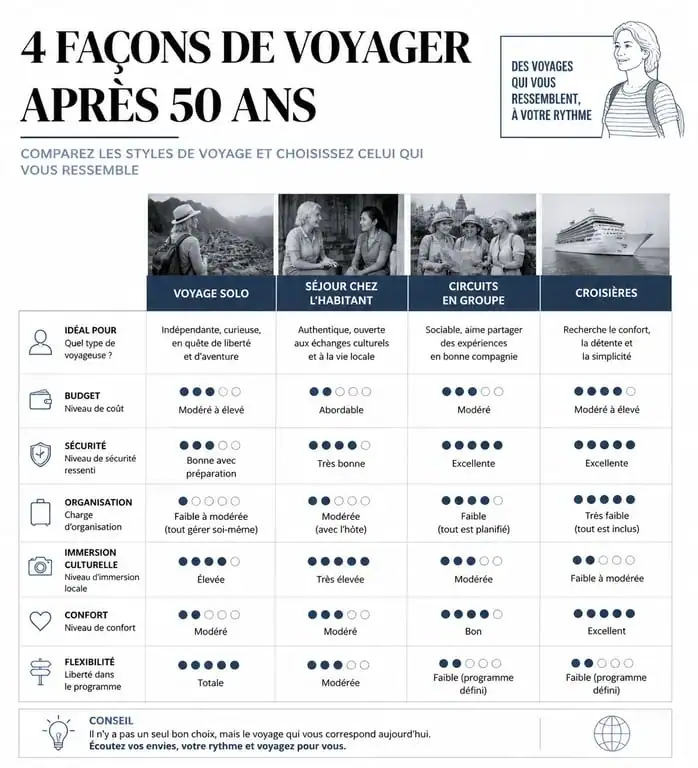 Comparatif des modes de voyage pour femme de 50 ans : solo, hébergement solidaire, groupe ou croisière