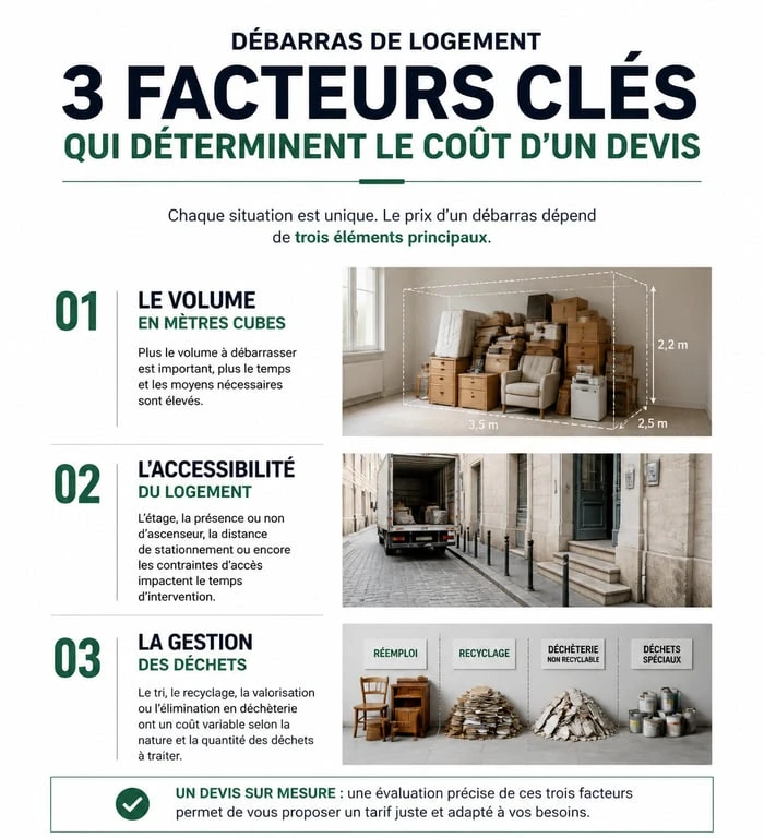 Infographie des facteurs influençant le devis de débarras : volume, accessibilité et gestion des déchets.