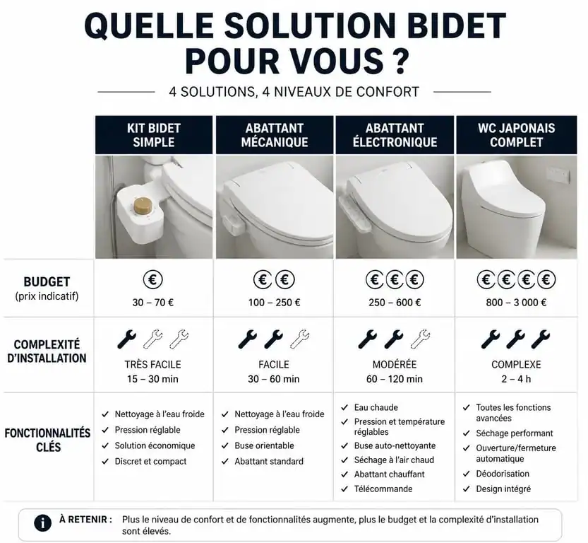 Comparatif des différentes solutions de bidet pour toilette : du kit simple au WC japonais complet