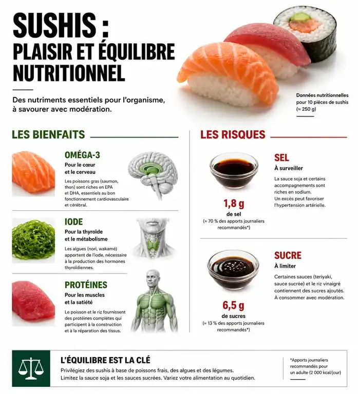 Infographie des bienfaits et risques nutritionnels des sushis pour la santé