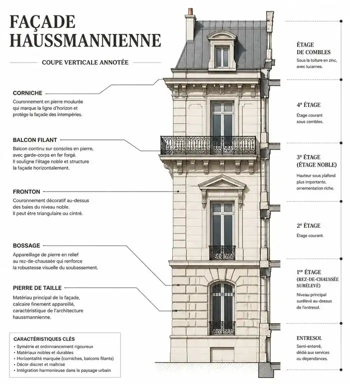 Schéma explicatif de l'anatomie d'une façade haussmannienne avec ses éléments architecturaux